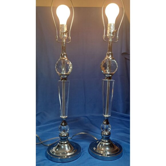Vintage Hollywood Regency Crystal Ball Lucite Lamps Set Chrome Hardware … - Picture 3 of 11